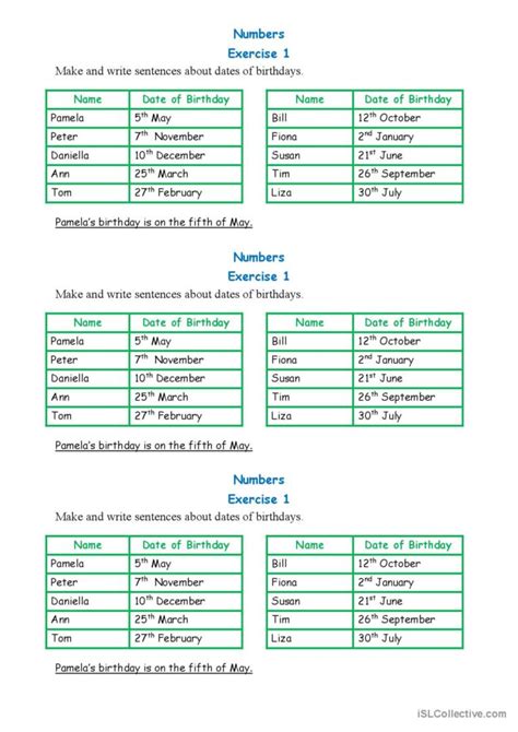 homework sheets dates ordinal numbers.
